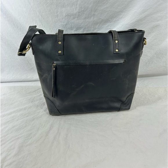 Genuine vintage large black leather tote bag carryall work school laptop carrier - Picture 5 of 16